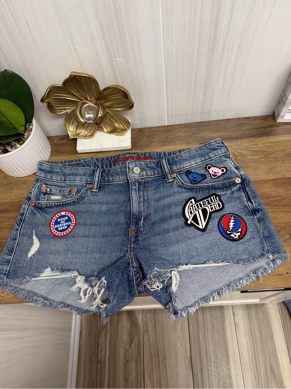 Lucky Brand Blue Distressed Denim Shorts with Patches